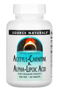 Source Naturals Acetyl L-Carnitine & Alpha-Lipoic Acid 650 mg L-karnitiin Kaalu juhtimine